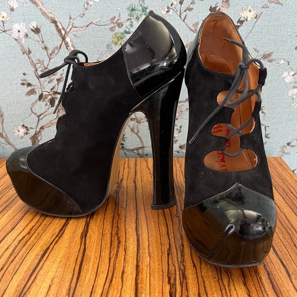 Vivienne Westwood Elevated Gillie Platform Black Patent Leather/Suede 5 UK/ 7 US